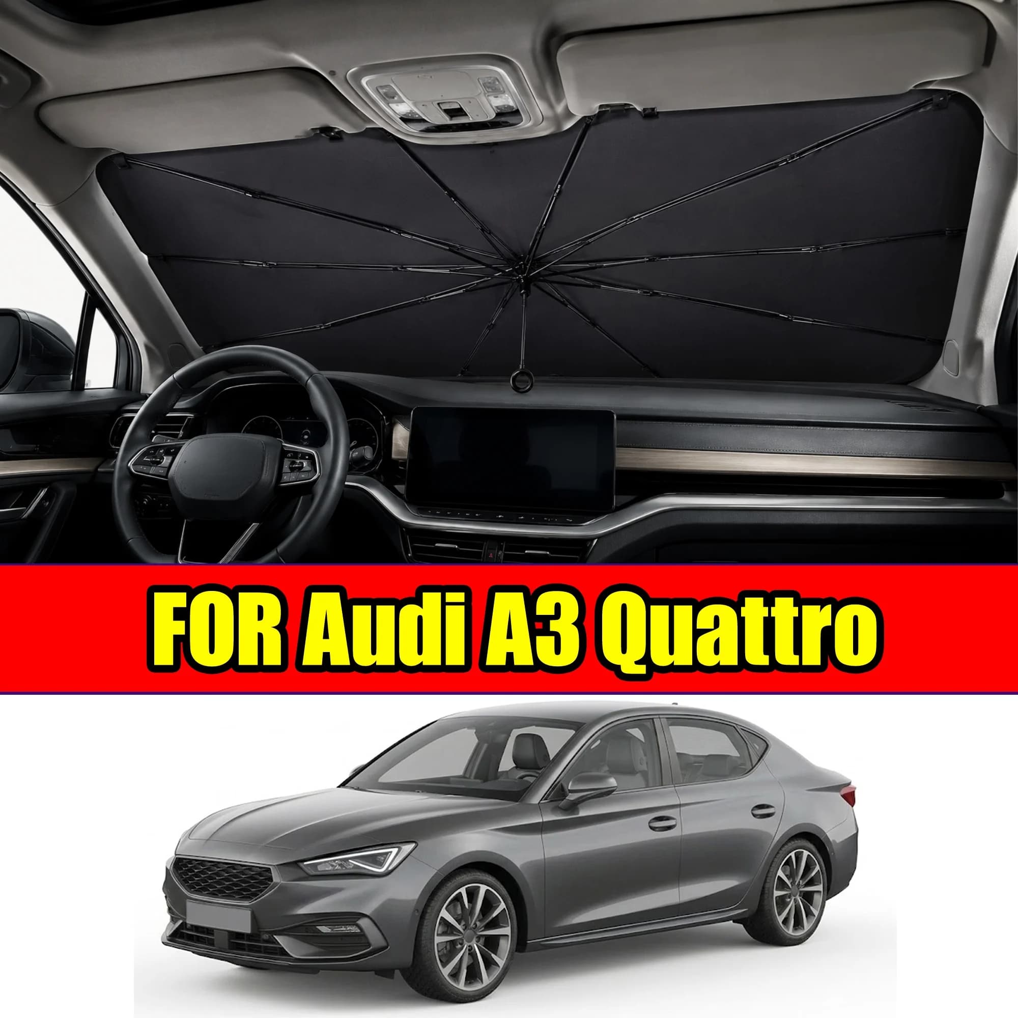 FOR Audi A3 Quattro Pull Cord Windshield Sunshade Umbrella, Easy On Scratch Free Cover With UV Shield