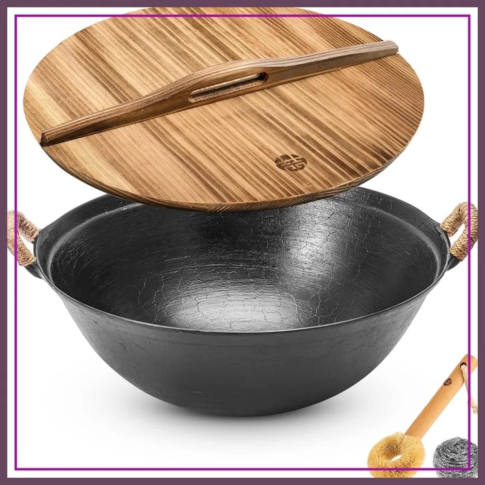 Wok Tradizionale in Ghisa da 11,8 Pollici per Campeggio e Fuoco Aperto - Padella per Stir-Fry Non Rivestita con Spazzola per la Pulizia