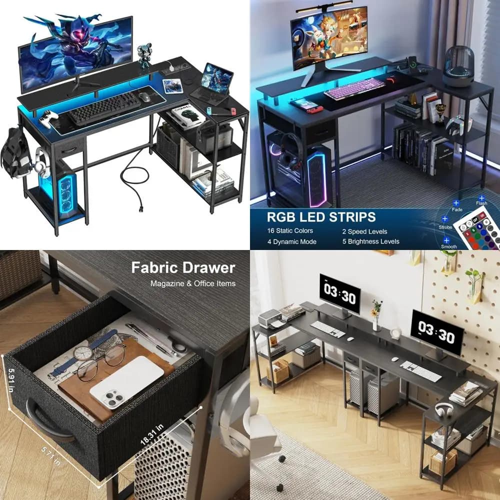 Scrivania da gioco reversibile a forma di L con presa di corrente, illuminazione a LED e supporto per monitor per una configurazione migliorata del computer