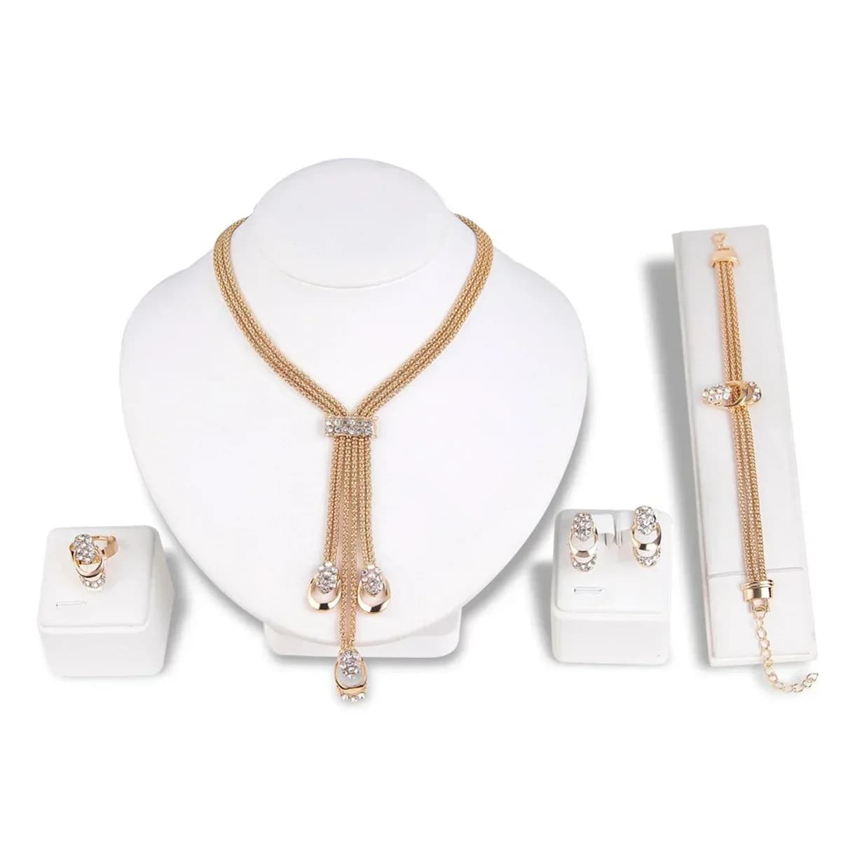 New Golden Jewelry Set 4 Pieces: Rings, Necklace, Earrings and Bracelet for Women, High Performance Fashion Accessories