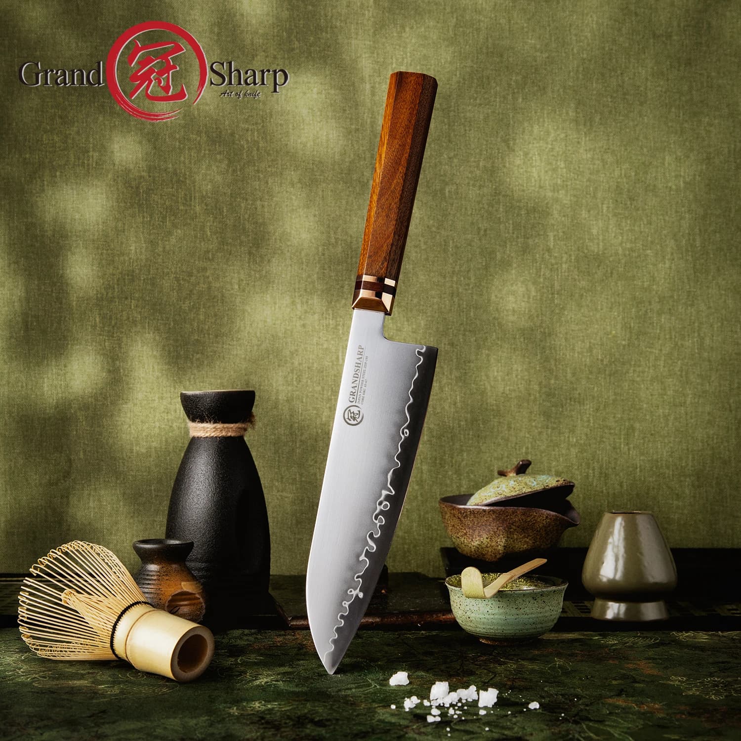 Grandsharp 7.5'''Santoku Knife ZDP-189 Steel core 3 layers composite Mkuruti Wood and brass handle Kitchen knife