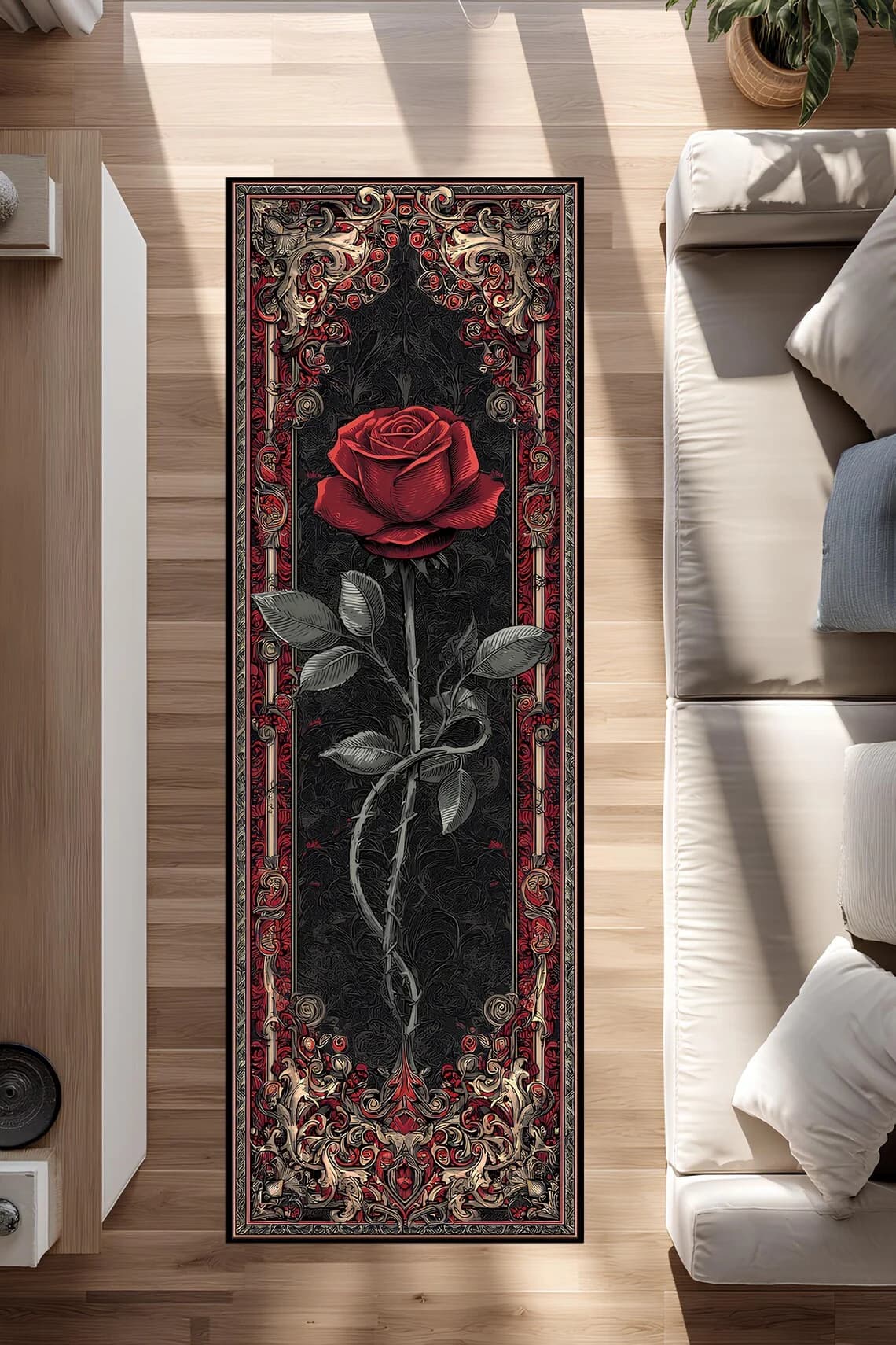 Aesthetic Red Rose Printed Floor Mat Dark Gothic Graphic Runner Anti-Slip Entrance Rug Home Decor Long Carpet for Indoor
