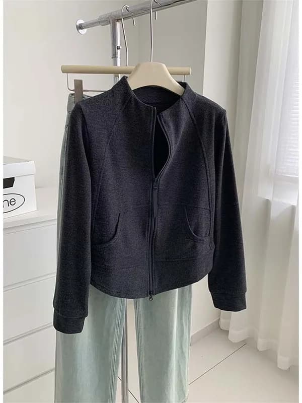 Autumn Winter mat Double Zipper Hoodie Women's Deep ey Casual Slimming ort Sle Top Trendy Outerwear Jaet