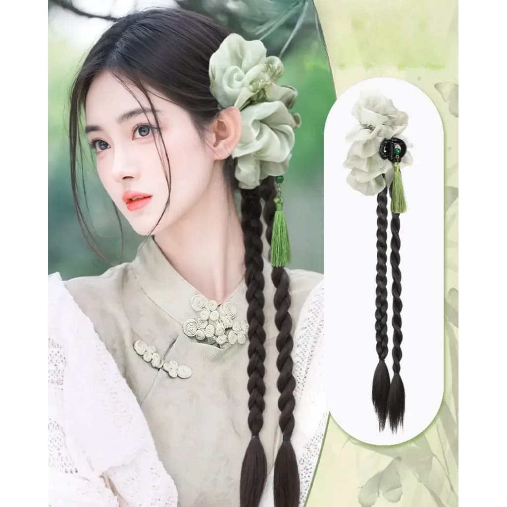New simulated Chinese horsetail synthetic braided clip-on long horsetail with watercolor tassel fashion Hanfu
