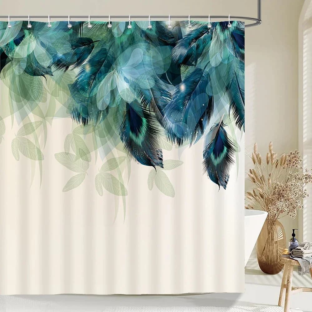 Boho Feather Dreamcatcher Shower Curtain Peacock Feather Watercolor Hummingbird Colorful Bead LOVE YOU Print Bohemian Ethnic Wat