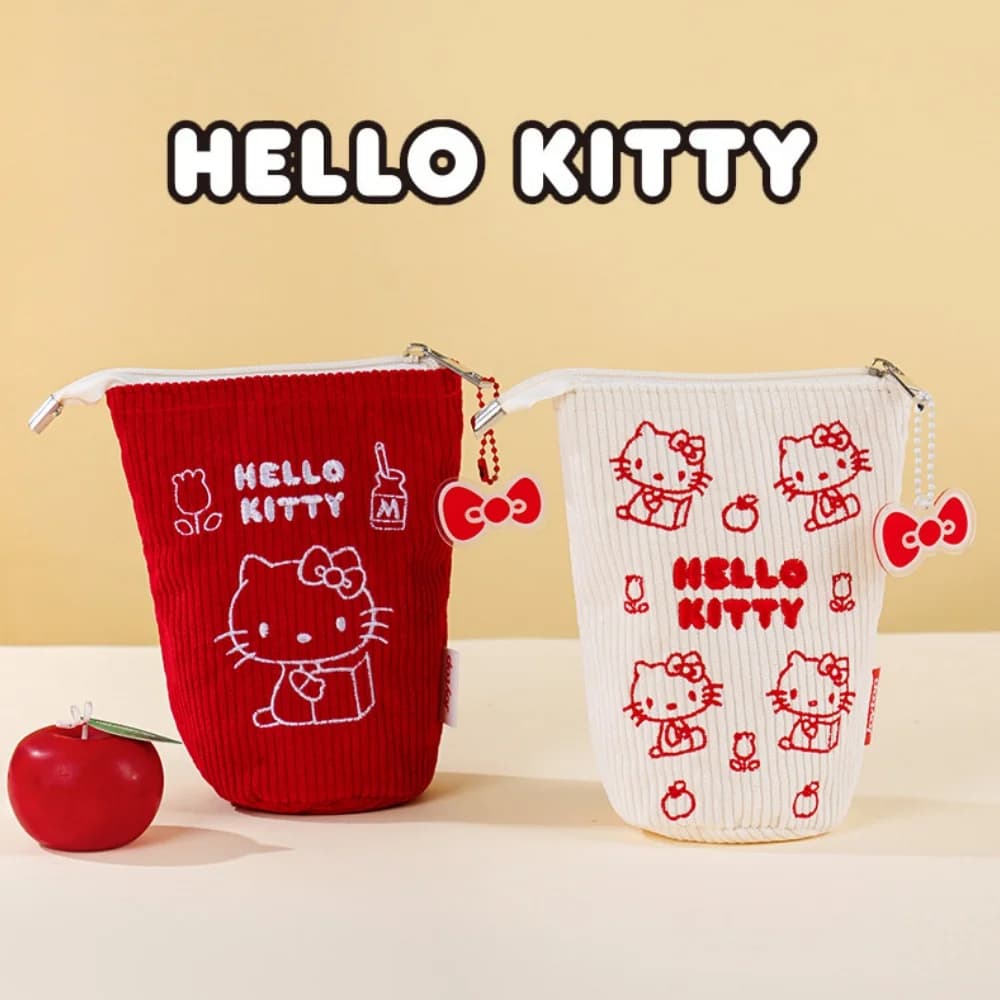 Genuine Hello Kitty Pencil Case Kawaii Sanrio Kt Cat Corduroy Zipper Storage Bag School Office Stationery Pouch Fans Teens Gifts