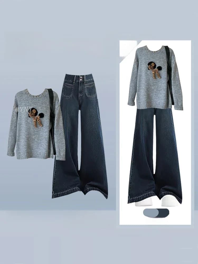 Maglione lavorato a maglia e jeans modello cartone animato Set da due pezzi Autunno Inverno da donna Dimagrante College Sle Vita alta Lunga Sve