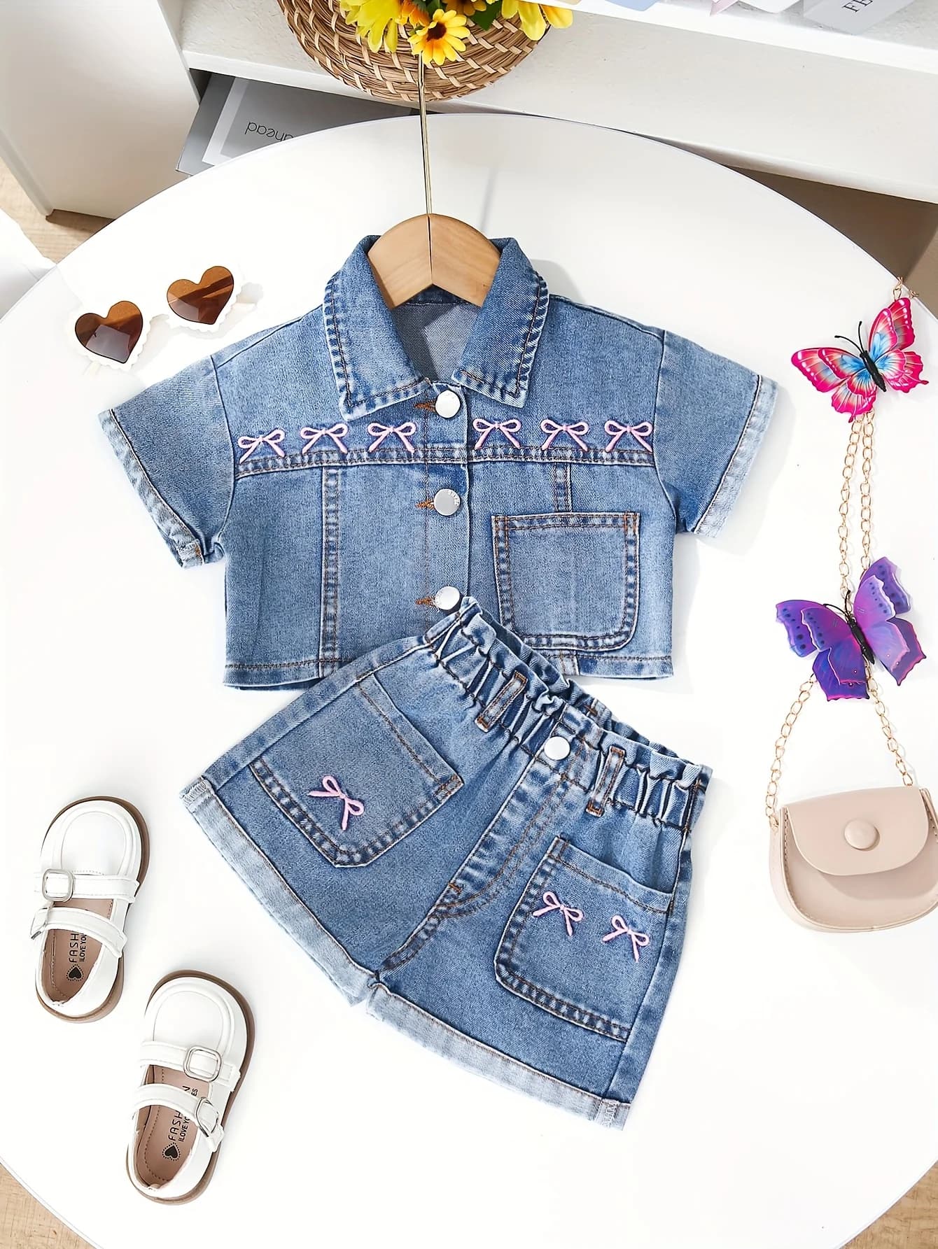 Baby girls casual loose nifty bow embroidered top & flower waist denim shorts two-piece set