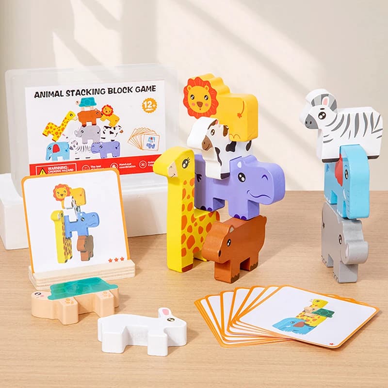 【F2-TG150】Gioco di impilamento di blocchi in legno a forma di animali - Giocattolo educativo Montessori per l'allenamento della motricità fine e l'equilibrio per bambini