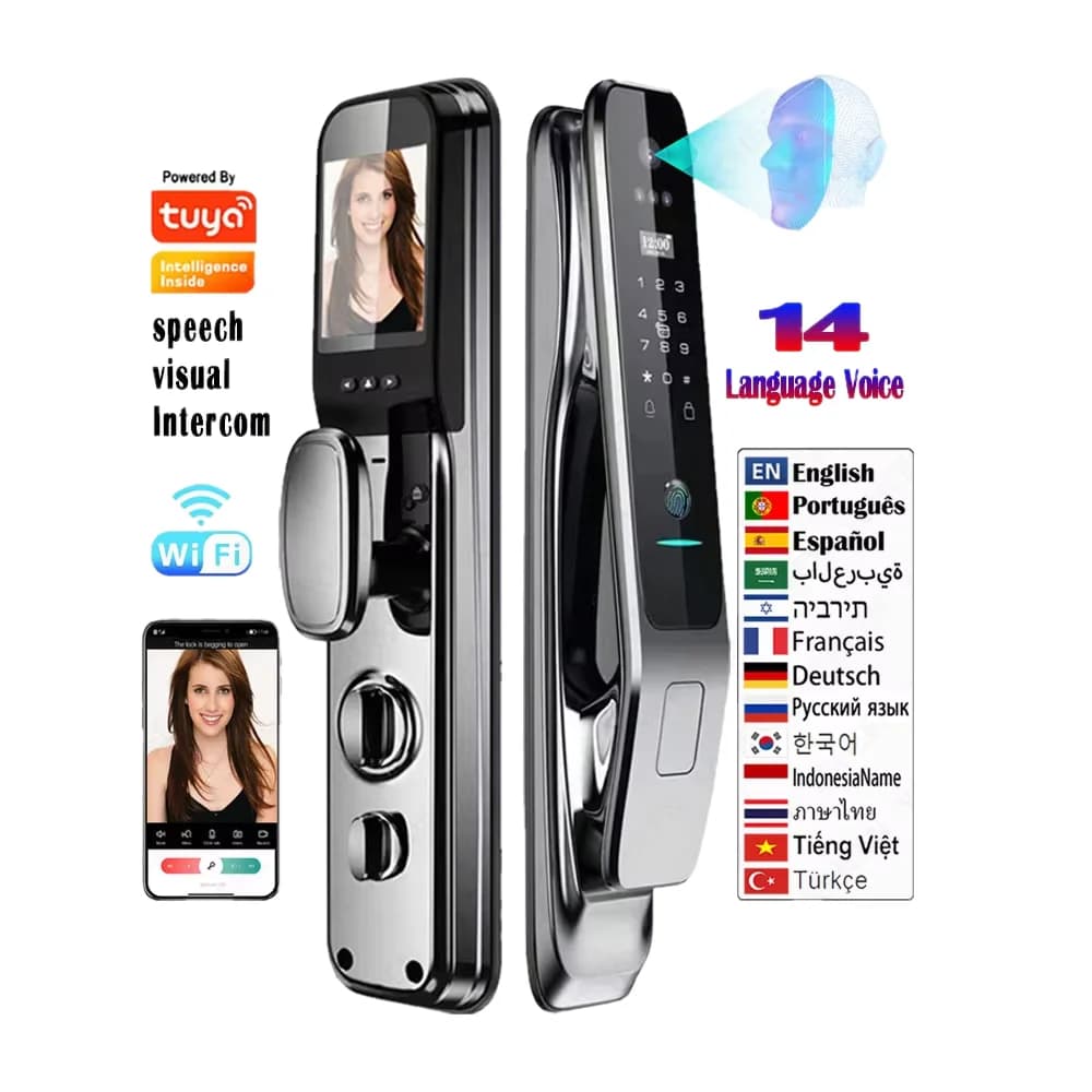 Serratura Digitale con Riconoscimento Facciale 3D, Impronta Digitale, Videocitofono, App Tuya Wifi, Sblocco NFC, Chiave RFID e Codice