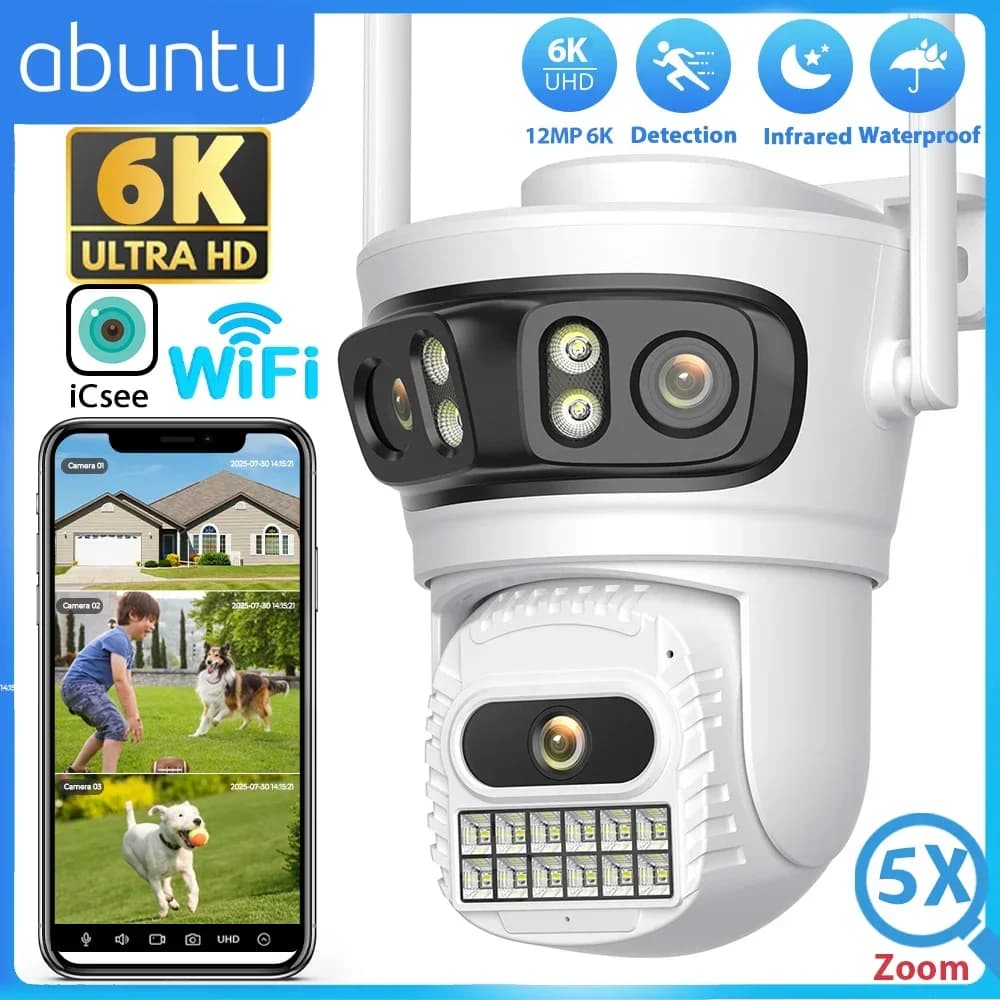 Telecamera Wifi esterna 12MP 6K ICsee Telecamera di sorveglianza a tre schermi Visione notturna Telecamera di sicurezza panoramica con angolo di visione ultra ampio