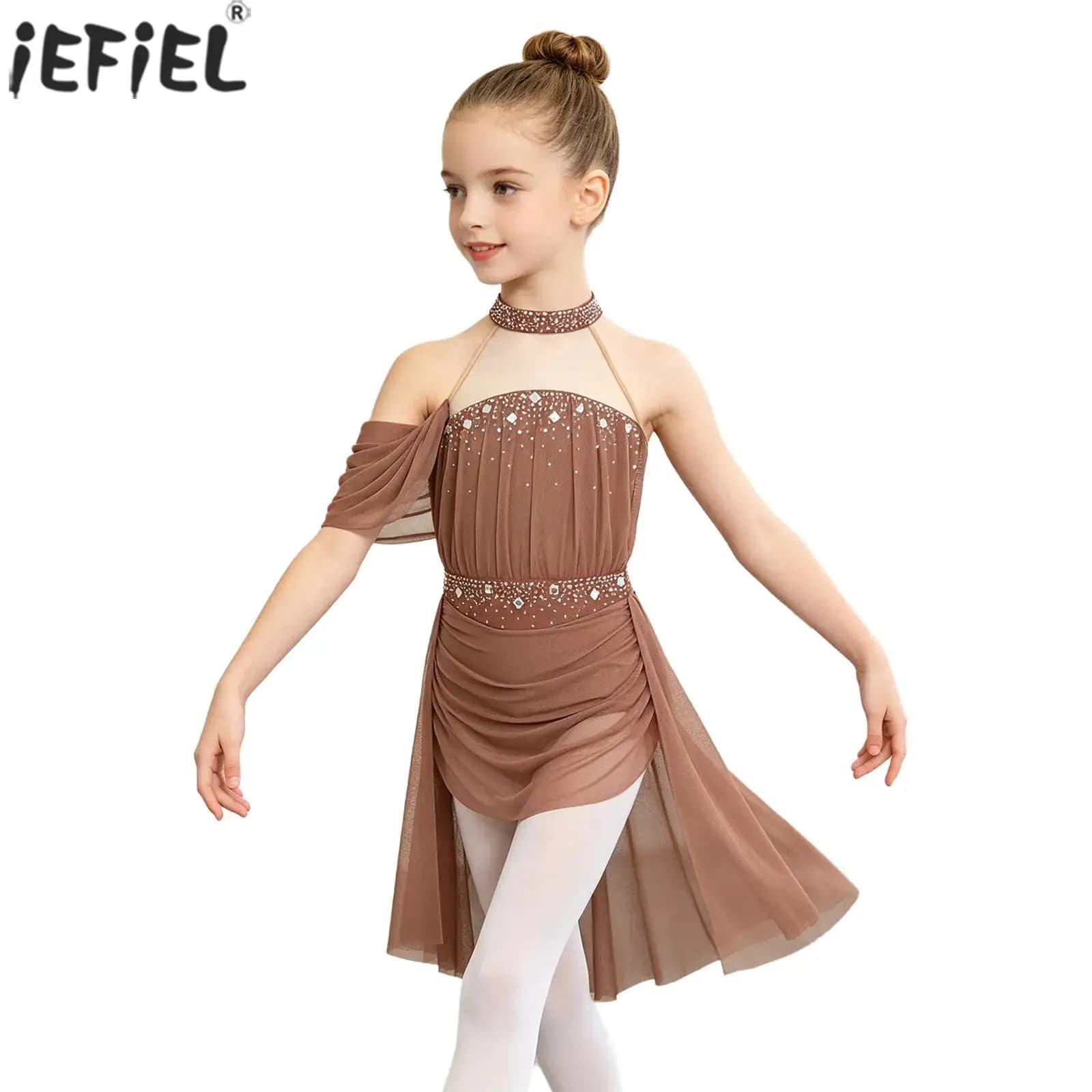 Kids Girls Ballet Lyrical Dance Figure Skating Performance Costume Halter Backless Shiny Rhinestones Ruched Mesh Dress Leotard