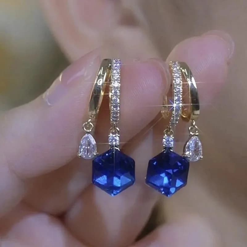 New blue crystal sugar cube earrings girls light luxury high-end stud earrings super flash geometric square crystal earrings