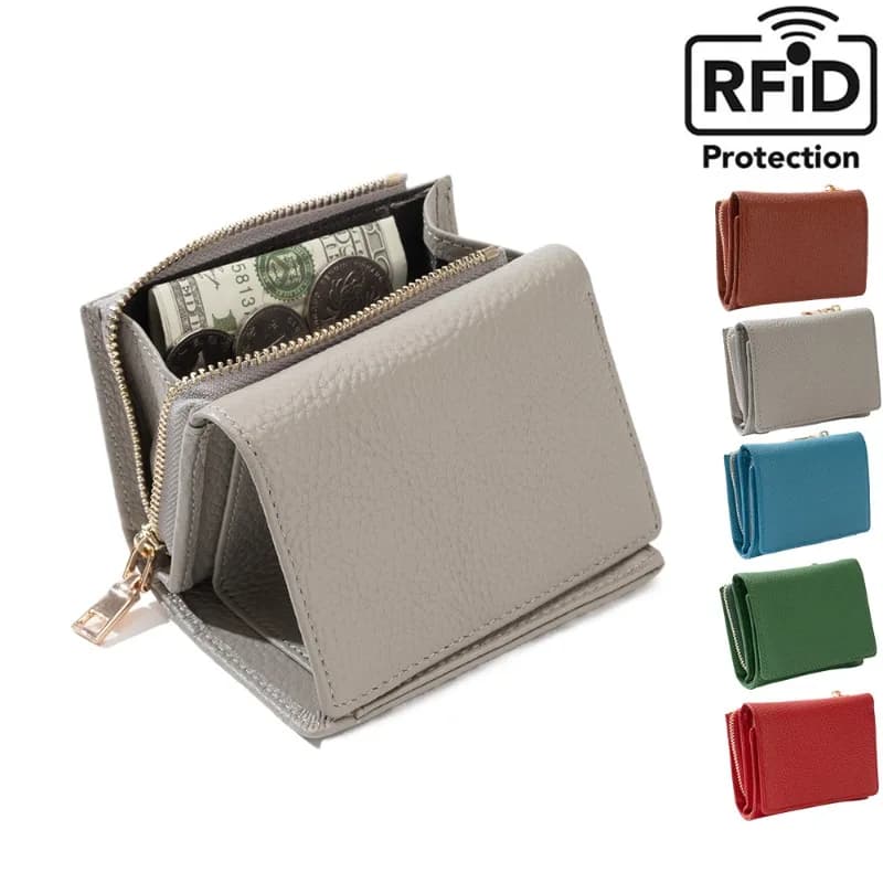 Portafoglio Mini RFID da Donna con Cerniera, Multistrato, Tre Pieghe, Porta Carte Multiplo, Portamonete, in Vera Pelle Bovina di Primo Strato