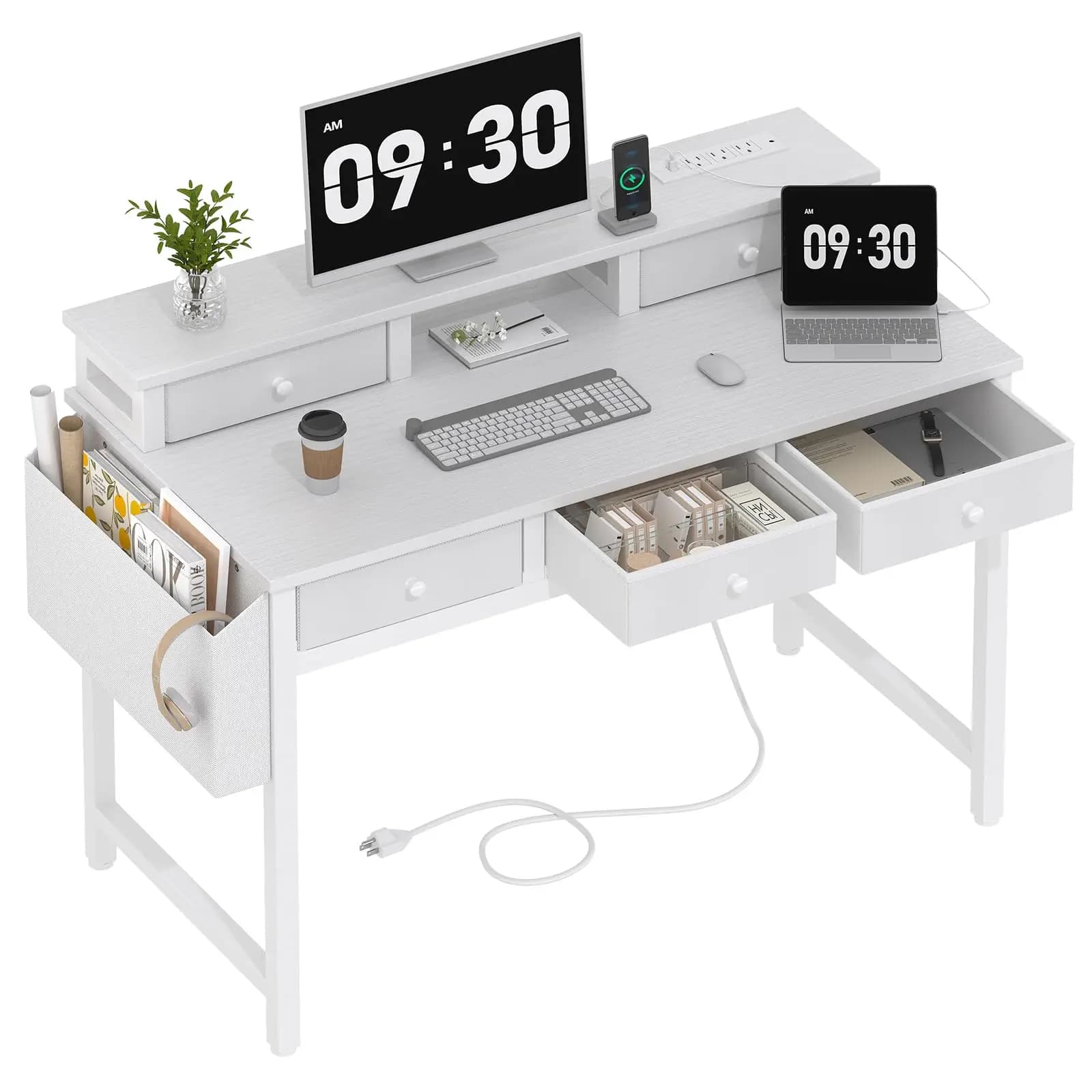 Scrivania bianca per computer con cassetti in tessuto e supporto per monitor con presa di corrente per ufficio domestico