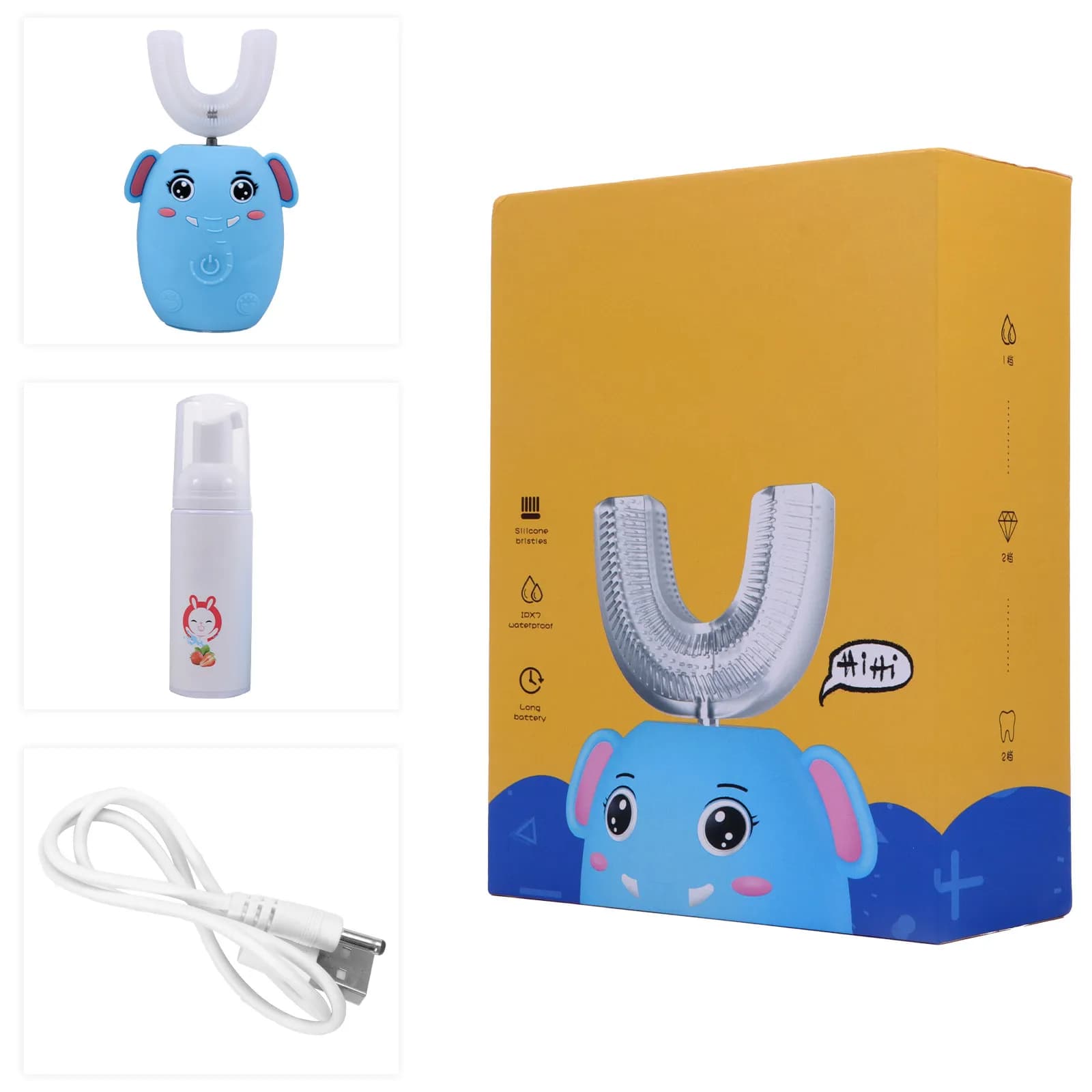 Children's U-shaped electric toothbrush, blue bristles, soft silicone head, cartoon design, fully automatic for children