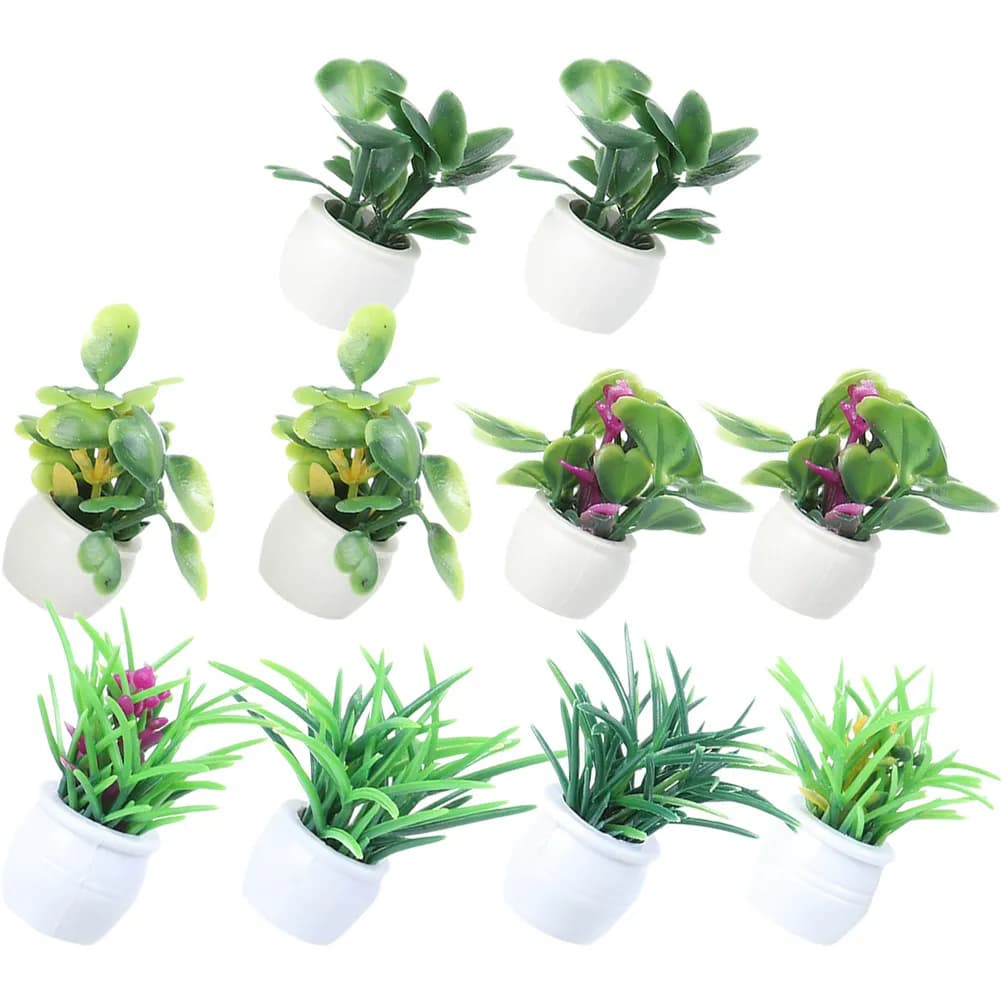 Set of 14 Mini Artificial Bonsai in Vase, Ornaments for Micro Landscape, Doll House, Miniature Garden, Home and Office Decoration