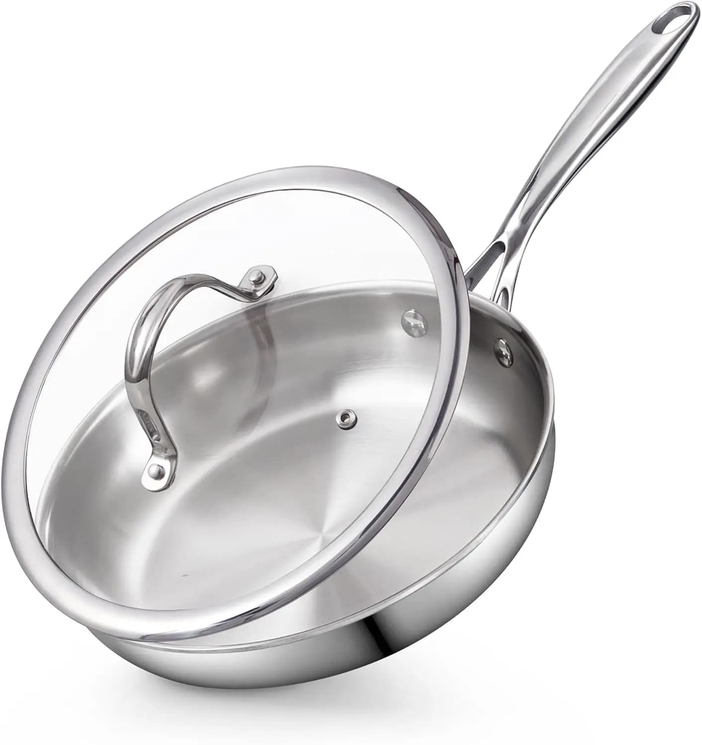 8 Inch Stainless Steel Frying Pan with Glass Lid, Multi-Ply Clad, Induction Compatible, Oven Safe, Dishwasher Safe
