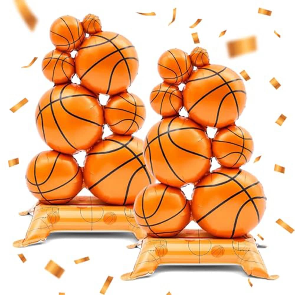 1/2 Pezzi Palloncino 3D a Forma di Pallone da Basket, Palloncino in Alluminio Resistente e Anti-perdita con Base Stabile, Non Richiede Elio