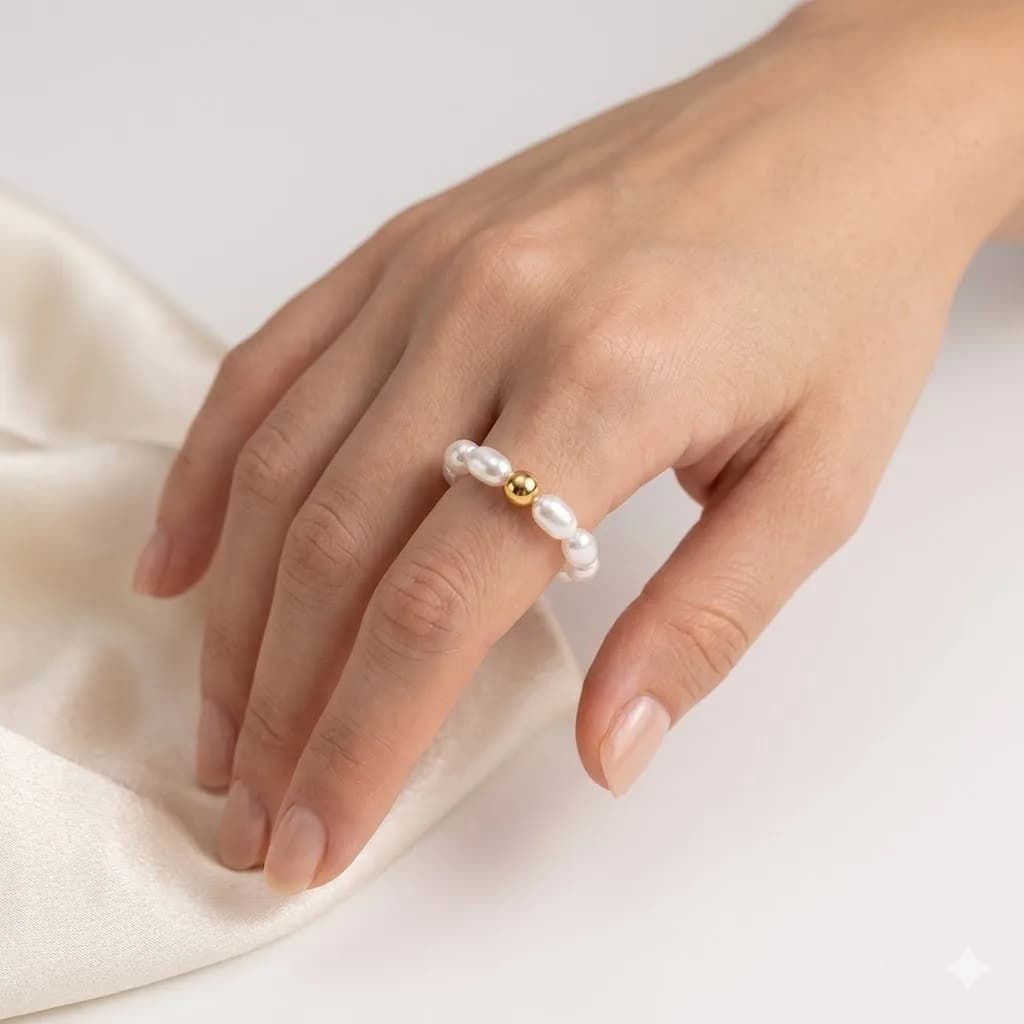 Anello Elastico con Perle St-Delan per Donne, Placcato in Oro 18K, Anelli Impilabili con Sfera Metallica, Gioiello Antistress, Regalo