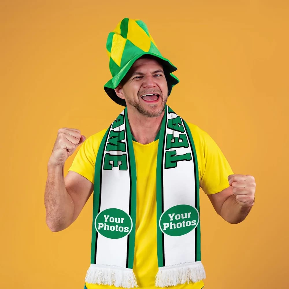 Sciarpa Personalizzata a Righe Bianche e Verdi, Testo/Foto Personalizzabili, Accessorio per Tifosi, per Partite in Stadio e Decorazioni per Feste Calcistiche