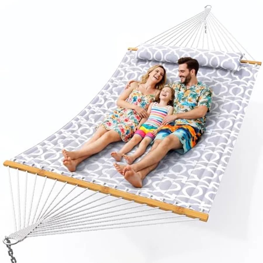Double Hammock with Spreader Bar, Soft Pillow, Max Load 500lbs, Portable Hammock for Outdoor, Camping, and Backyard, Mist Gray