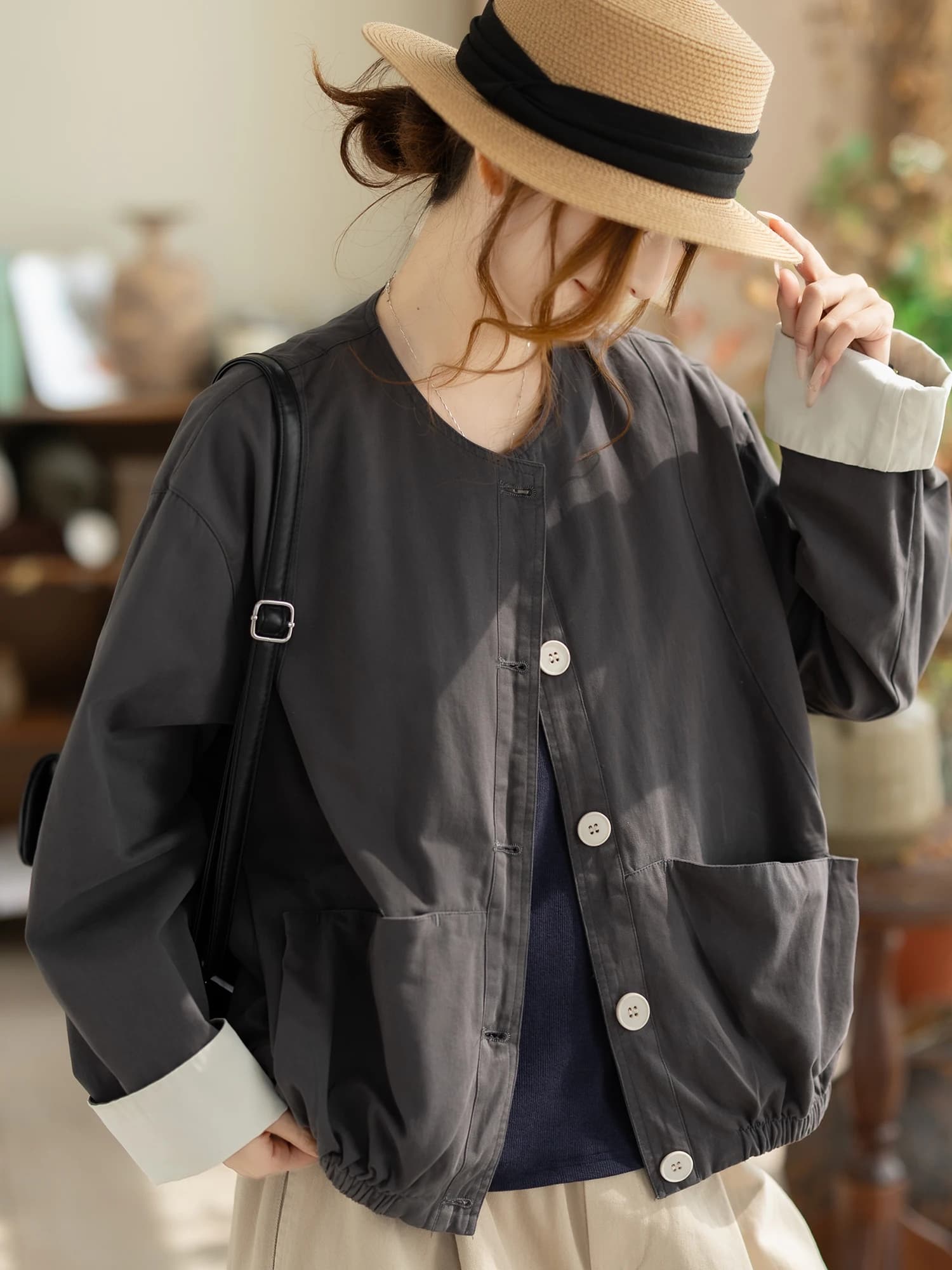 Casual Loose Women's Cotton down Jacket Spring New Style Color Block Versatile Female Upper Apparel Comfortable Shoulder-Length