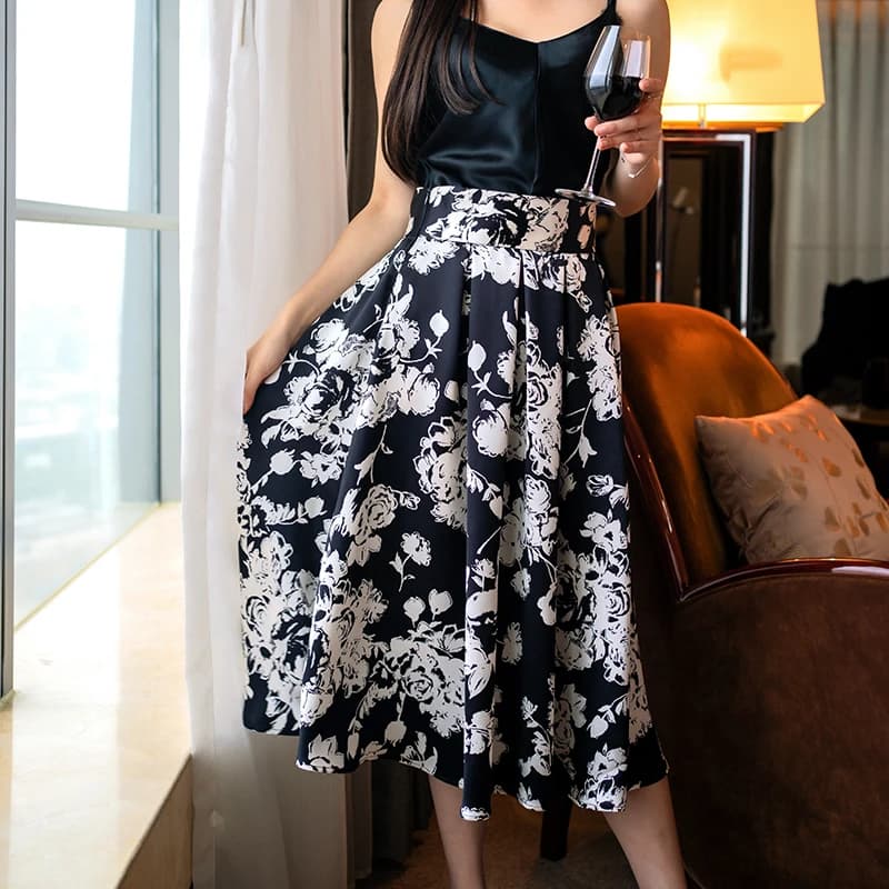 Silky Smooth Viscose Spring Summer New Style Floral Print A-Line Midi Skirt Women's Half Skirt Draping Effect Midi Length