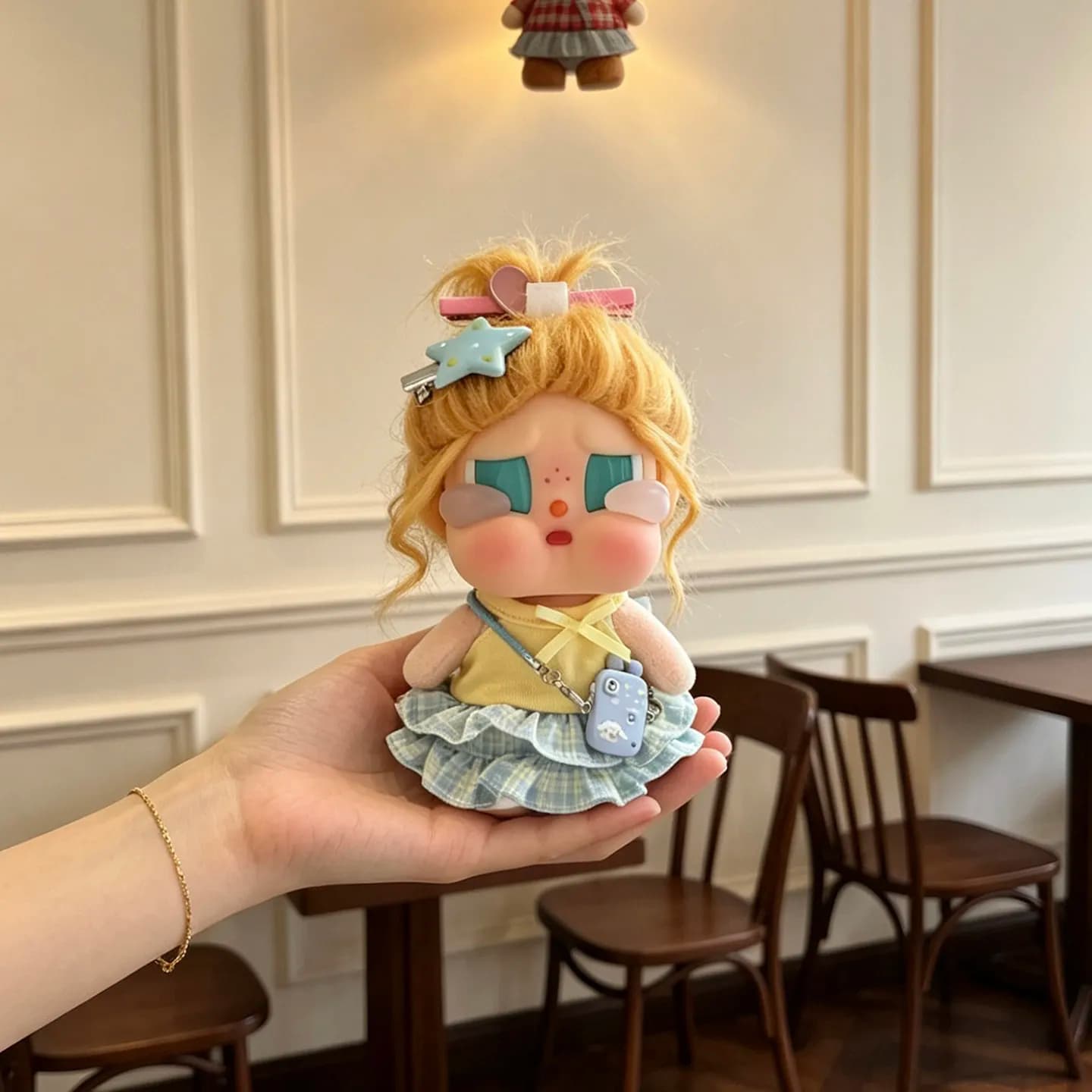 Crybaby Doll Clothes Summer Vacation Outfit Set Plaid Ruffled Skirt Yellow Top With Mini Crossbody Bag For Mini Vinyl Doll
