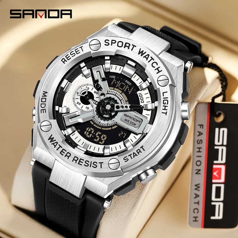 SANDA 3170 Men's Alarm Clock Digital Wrist Watch New Handlift Light Multifunctional Sport Waterproof and shockproof