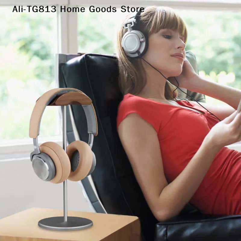[TG813]Black Walnut Wood & Aluminum Alloy Headphone Stand Gaming Headset Holder With Solid Metal Base For Table Desk Display