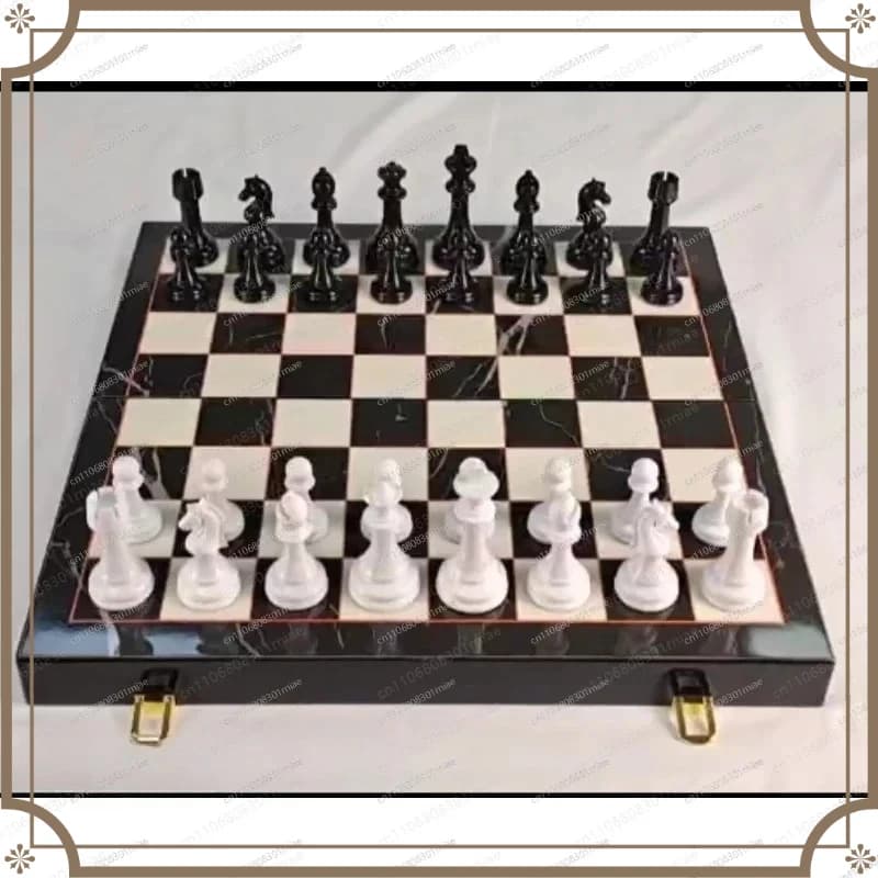Durable High-End Solid Wood Marble Pattern Chess Set Educational Family Board Game with Storage Box for Kids-YBJ
