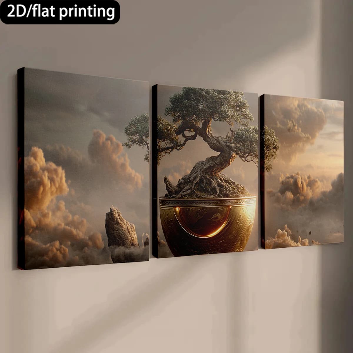 Stampa piatta 2D, quadro decorativo su tela con cornice in legno a 3 pezzi, bonsai galleggiante in ciotola ornamentata. Decorazione per corridoio e camera da letto.