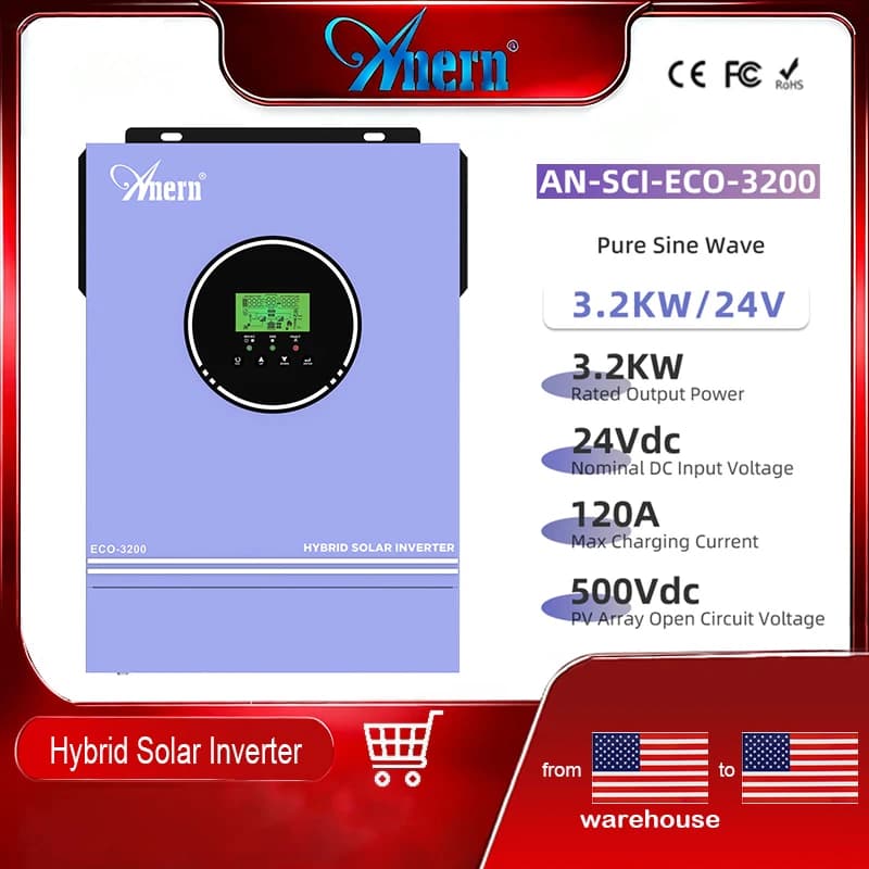 Inverter Solare Ibrido Anern 3200W Off-Grid Onda Pura 220V/230V/240VAC 24VDC con Caricabatterie MPPT 80A Integrato