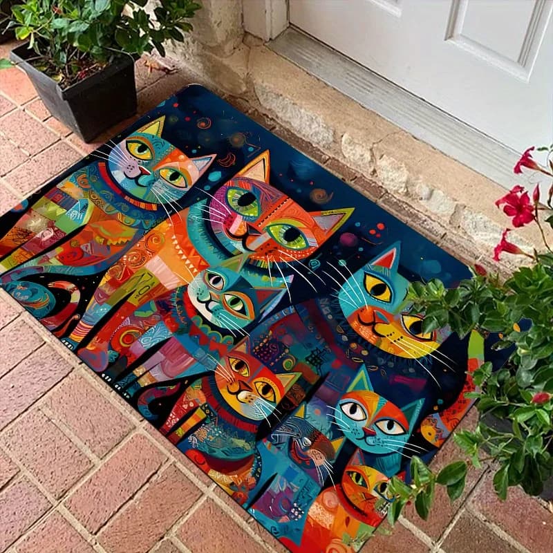 Zerbino con illustrazione di gatti colorati, tappetino in poliestere antiscivolo vibrante, arredamento artistico eccentrico per tappeto da cucina per soggiorno interno ed esterno