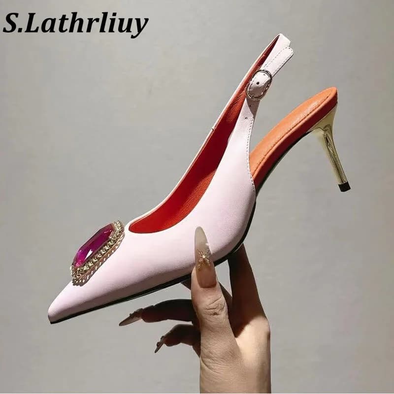 Summer fashion sparkling rhinestone decorated high-heeled sandals for women satin shallow mouth pointed banquet dress shoes