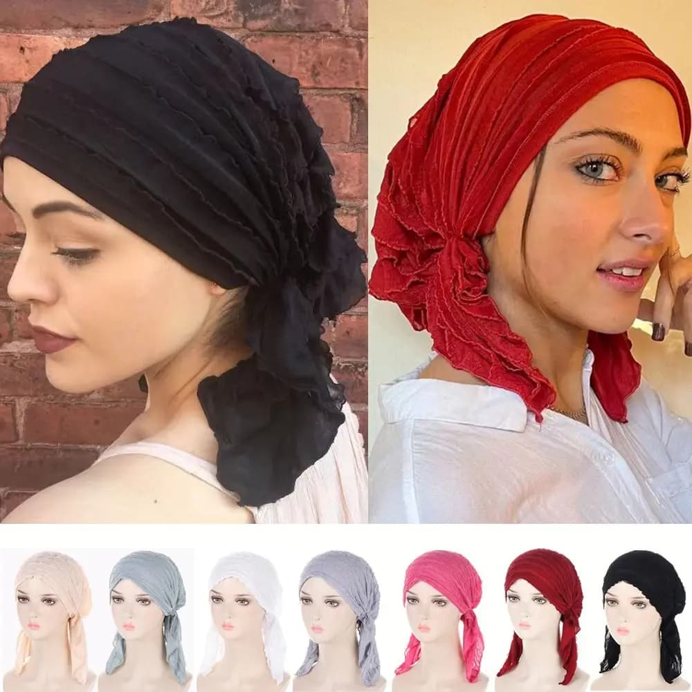 Trendy Ruffle Trim Women's Hijab Breathable Pleated Head Scarf Scarf Cap