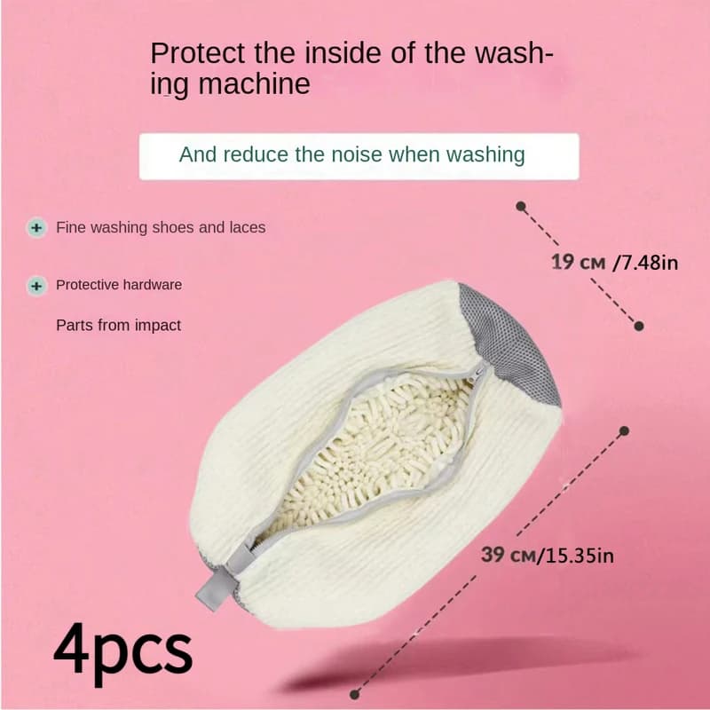 4 Pieces of Soft Fiber 360 ° Bag for washing shoes with zip closure, reusable, durable, washable in washing machine, for sneaker and shoes.
