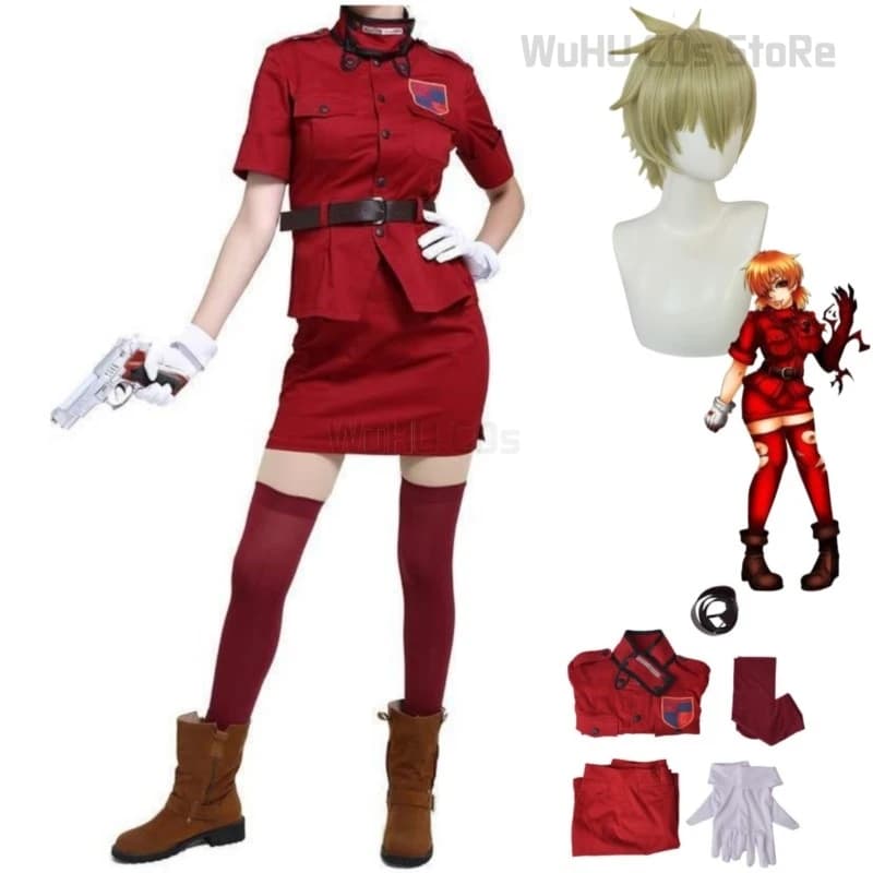 Anime Comic Hellsing Herushingu Seras Victoria Costume Cosplay Red Vampire Police Uniforms Gonna Wig Woman Sexy Carnival Dress