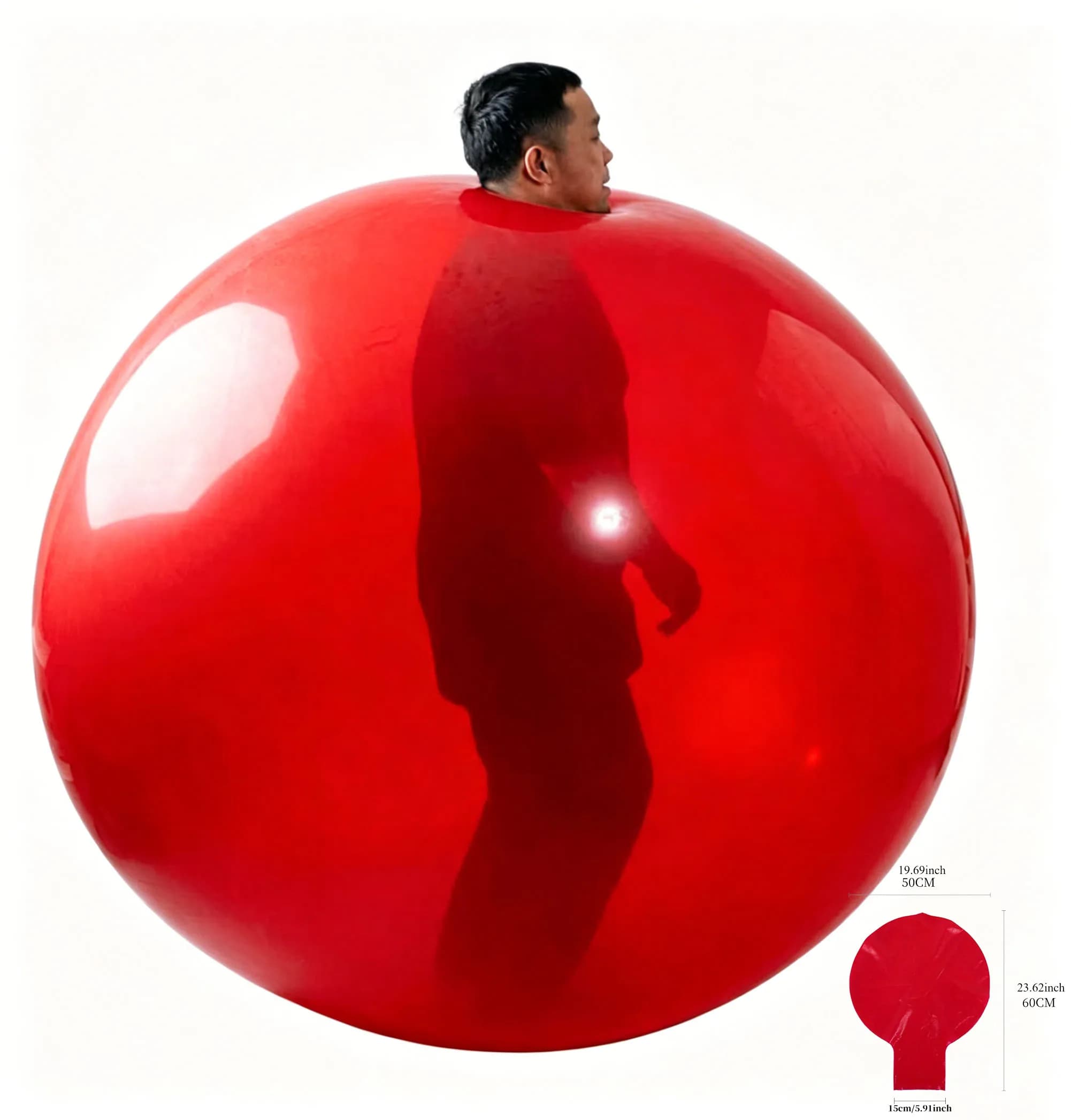 Giant inflatable balloon.72-inch crystal red latex balloon.Big enough for a person to climb inside.Perfect outdoor toy.Party fun
