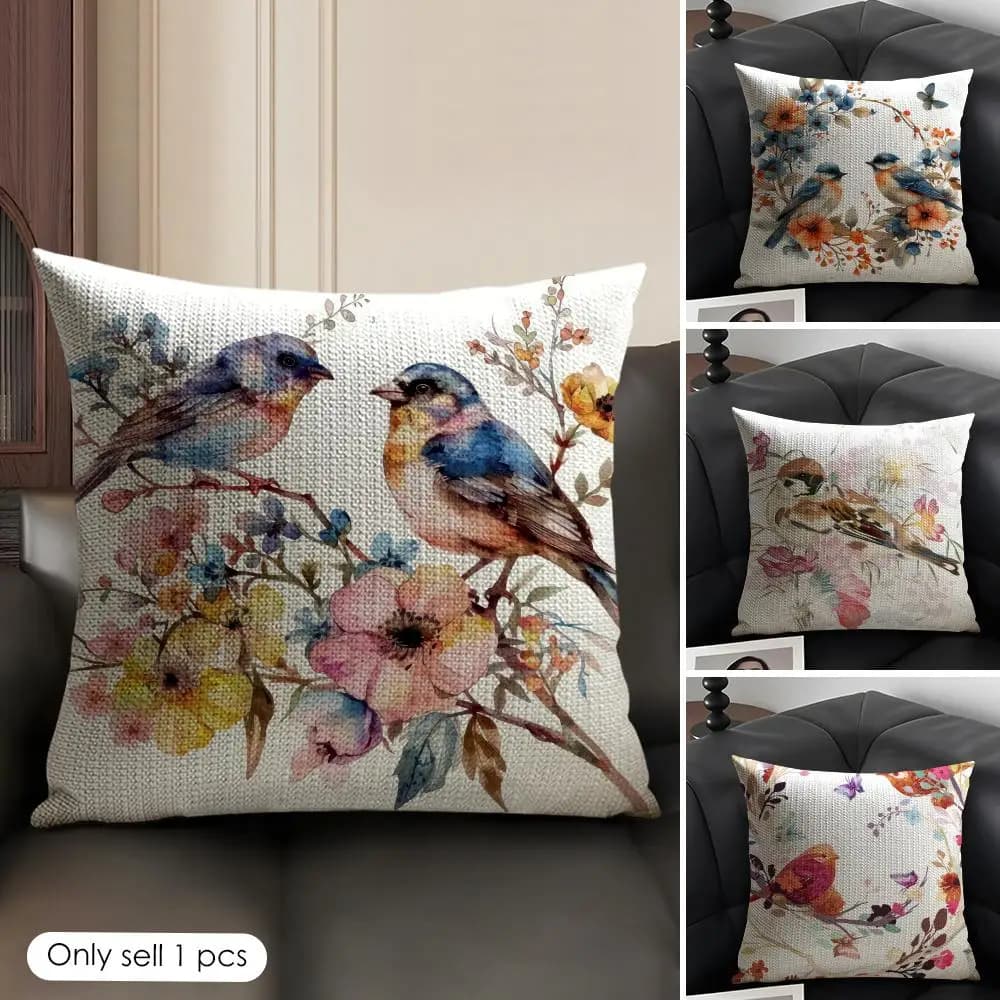 Fodera per cuscino in lino organico con stampa fronte-retro, motivo uccelli e fiori vivaci, per divano, decorazione casa, idea regalo