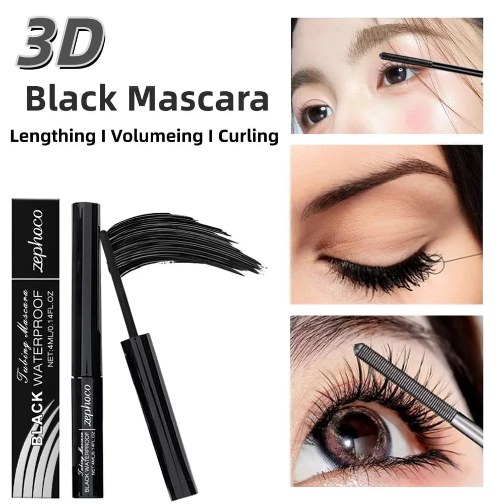 Mascara Nero 3D Zephoco, Impermeabile, Lunga Durata, con Spazzola a Spirale Precisa, Allungante, Anti-sbavature, Trucco Professionale per Occhi