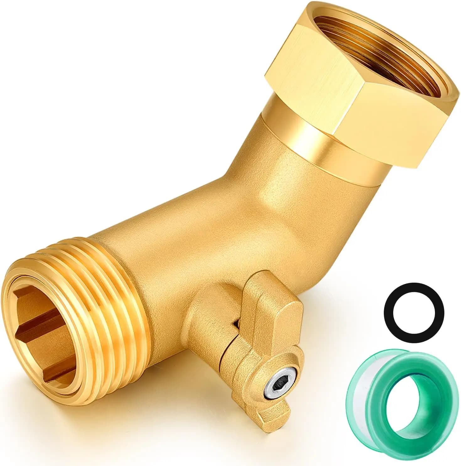 Valvola a 45 gradi in ottone per tubo flessibile, adattatore a gomito da 3/4" GHT per tubo da giardino con valvola a sfera di intercettazione, connettore per rubinetto esterno resistente per tubo dell'acqua, prato, lavaggio auto, irrigazione del giardino