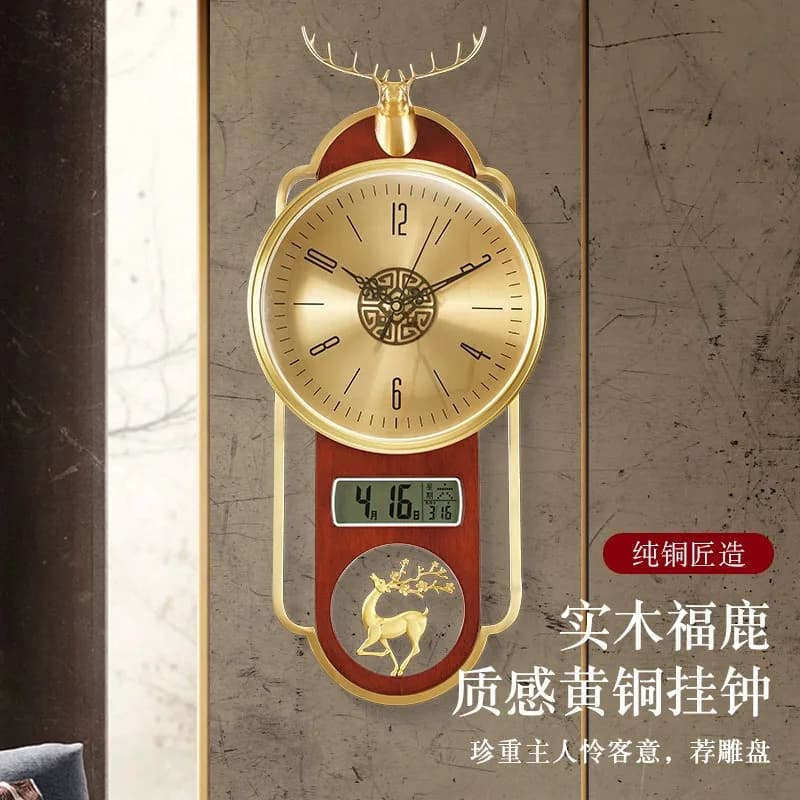 New Chinese brass wall clock household wall light luxury decoration wall clock living room creative swing clock silent quartz cl