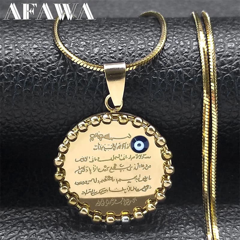 Arabic Quran Allah Necklace for Women Men Stainless Steel Gold Color Islam Muslim Evil Blue Eye Chain Jewelry Collar NS02