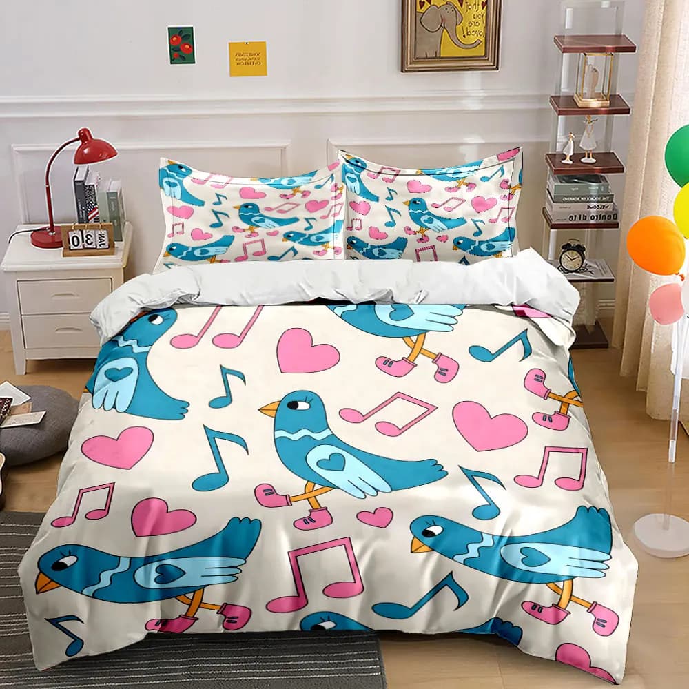 Set di biancheria da letto con uccelli blu e sfondo con cuori rosa, 1 copripiumino, 2 federe per adulti e bambini, regalo di lusso, misura completa