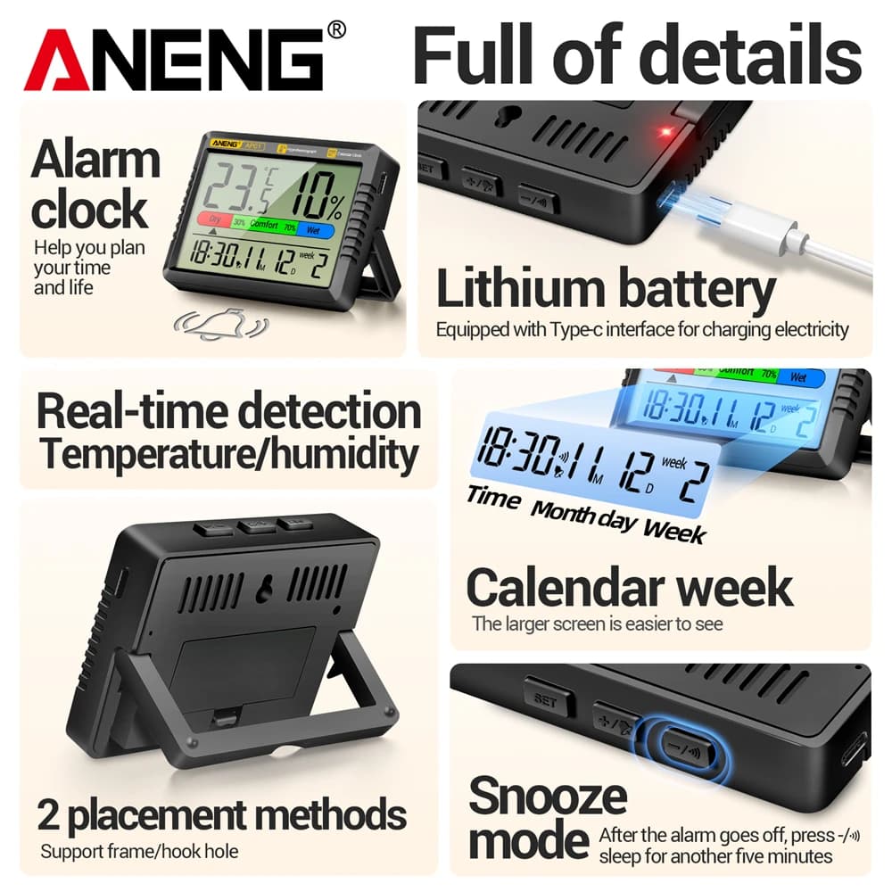ANENG AP01 Termoigrometro Ricaricabile con Orologio Digitale, Schermo HD, Termometro per Aria, Strumento di Analisi Multifunzione per Diverse Situazioni