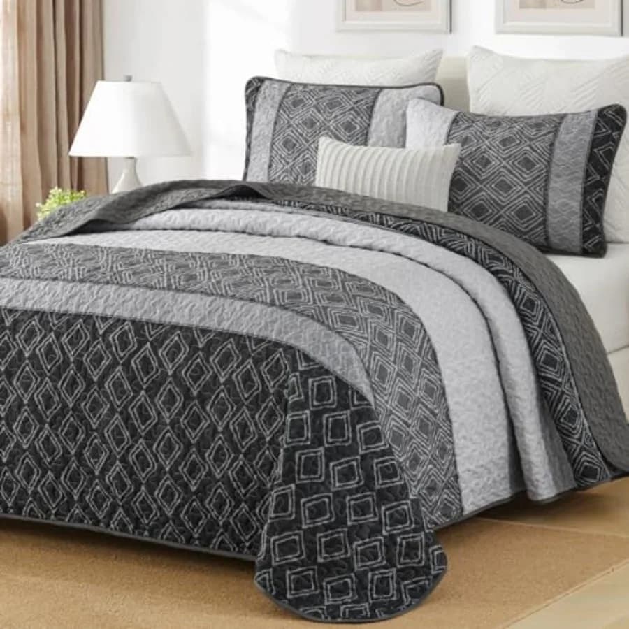 Set Copriletto Boho 3 Pezzi a Righe e Quadretti, Set Biancheria da Letto in Microfibra Morbida con 2 Federe 96"x90