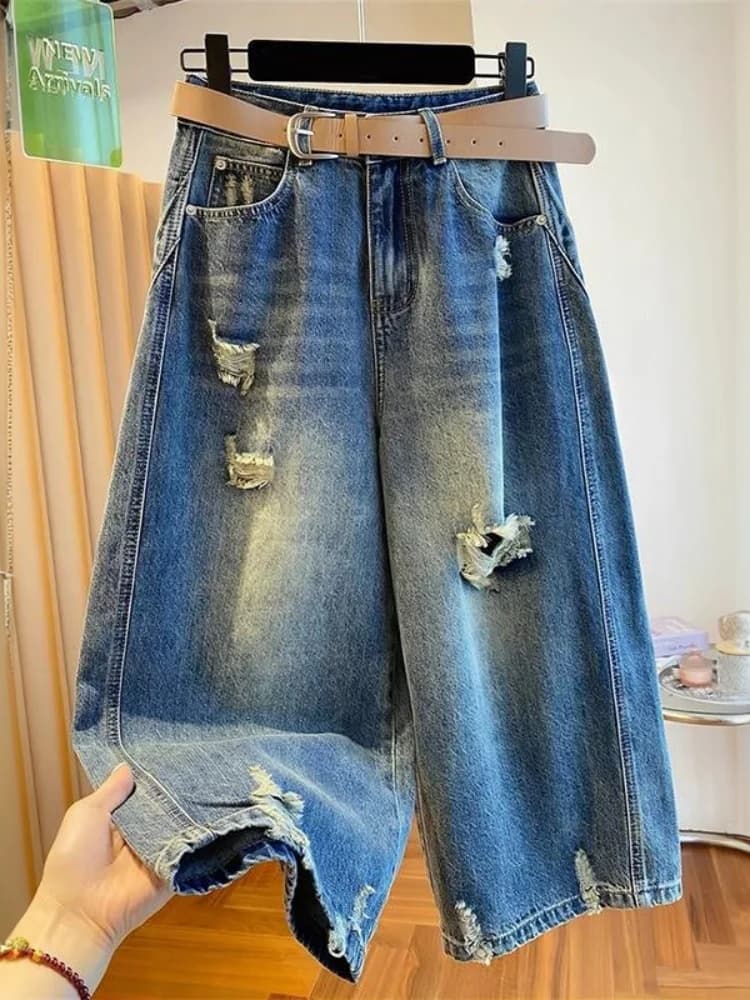 High Waist Wide Leg Jeans Women's Summer plus Size Loose Fit Straight Cut Torn Denim Pants Casual Wear Comfortable Breathable