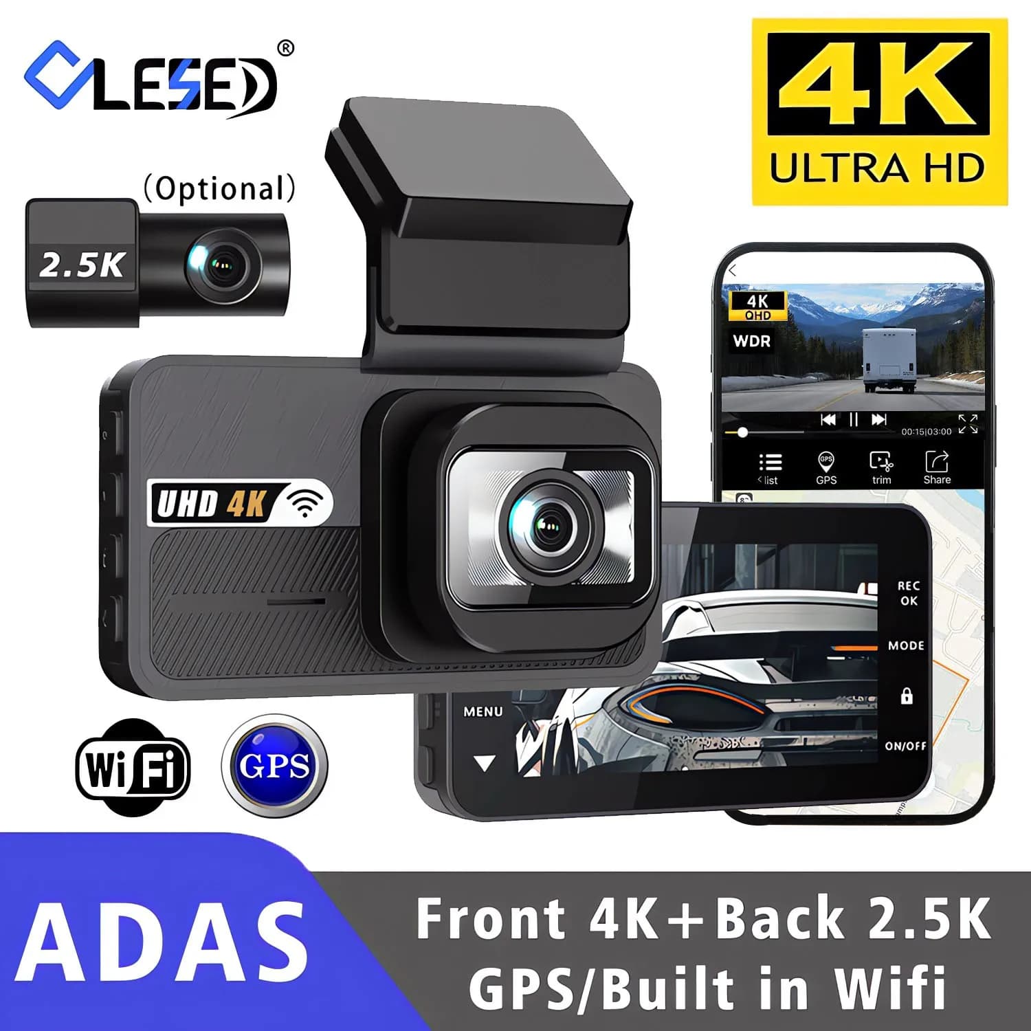 4K + 2.5K Dash Cam WIFI ADAS GPS Car DVR Camera Dual Lens Dashcam Video AI Driver Assistenza Drive Registratore Registrar Scatola nera
